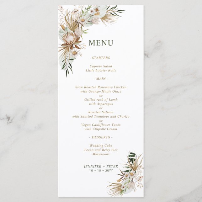 Menu Cardápios de Casamento Boho Botânico Verde e Doura (Frente)