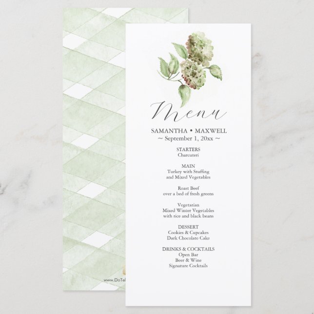 Menu Cardápios de Casamento com Hortênsias  (Frente/Verso)