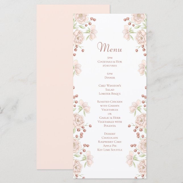 Menu Cardápios de Casamento com Rosas Rosa Bege (Frente/Verso)