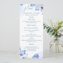 Cardápios de Casamento em Aquarela Floral Azul Ele