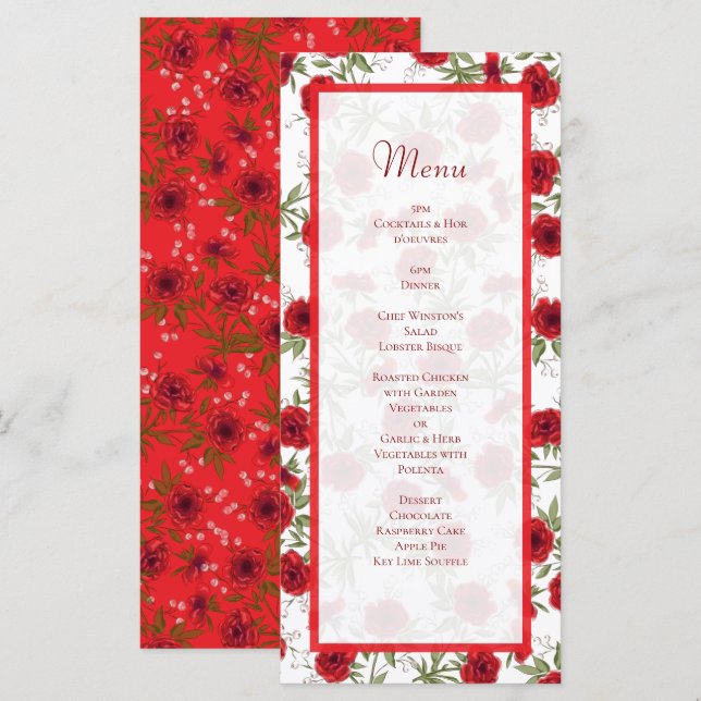 Menu Cardápios de Casamento Romântico Rosa Vermelha (Frente/Verso)