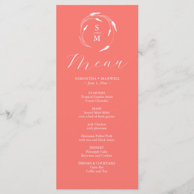Menu Cardápios de Casamento Simples Monograma Pêssego (Frente)