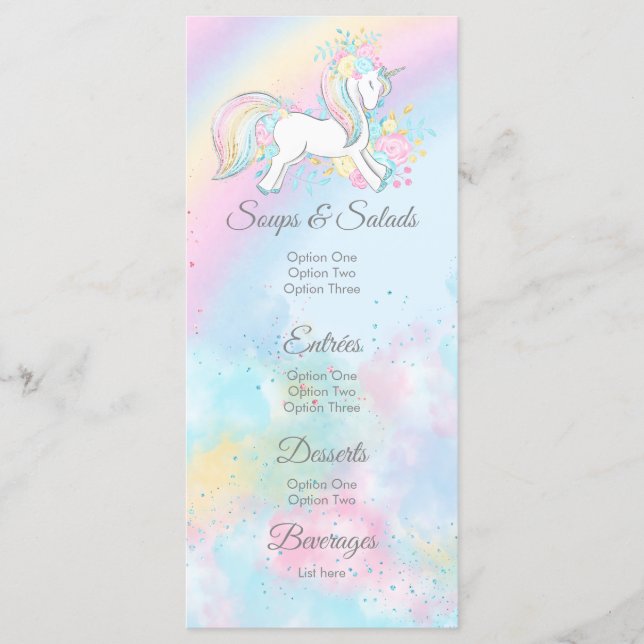 Menu Cardápios de Chá de Bebê de Unicórnio Pastel (Frente)