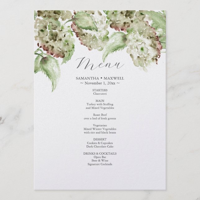 Menu Cardápios de Decoração de Casamento com Hortênsia  (Frente)