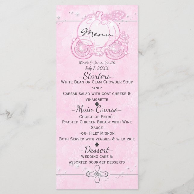Menu Carrinho da Cinderela Rosa Cardápio de Festa Elega (Frente)