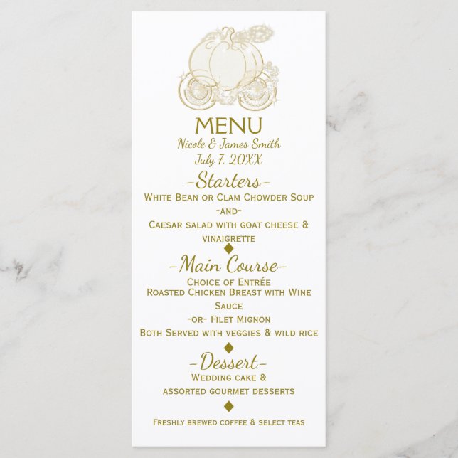 Menu Carrinho de Cinderela de Ouro Cardápio de Fadas Pr (Frente)