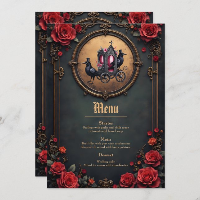 Menu Carruagem gótica com Ravens e Rosas. (Frente/Verso)
