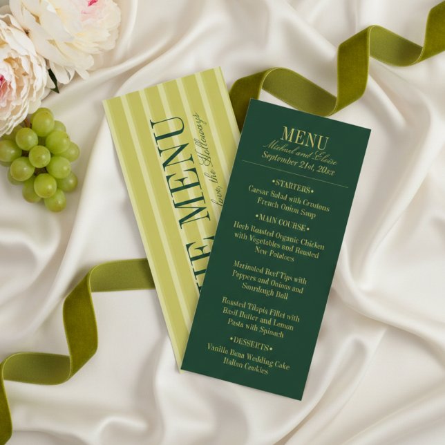 Menu Carta de Jantar de Noite de Noivado com Listra Ver (Elegant Chartreuse Green Stripe Wedding Dinner Menu)