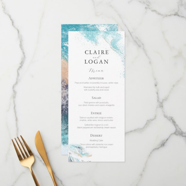 Menu Casamento à Beira-Mar com Ondas Azuis (Frente/Verso In Situ)