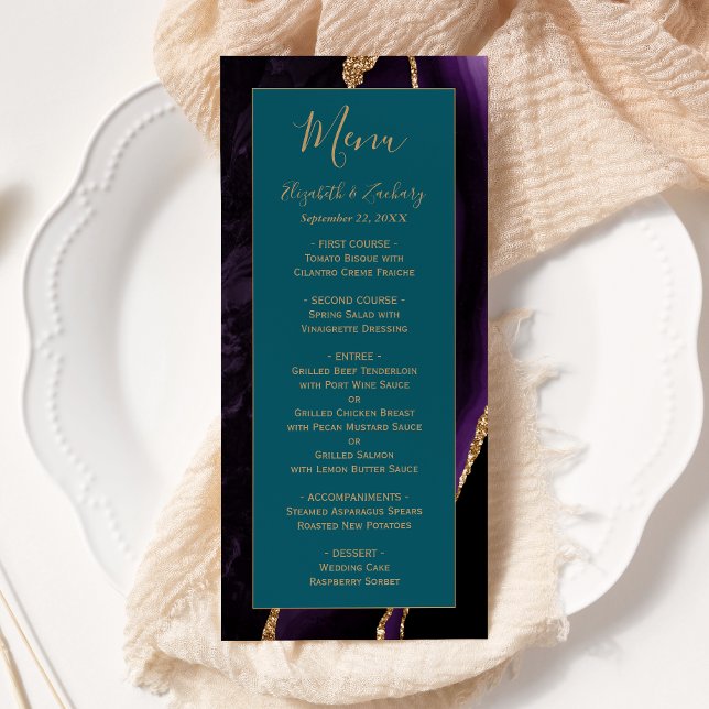 Menu Casamento Ágata Dourada Roxa Moderna Verde-água (Criador carregado)