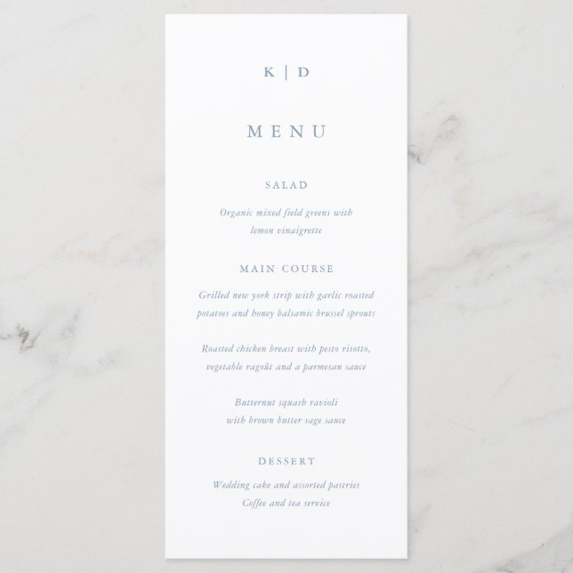 Menu Casamento Alto Simples Minimalista em Azul Empoeir (Frente)