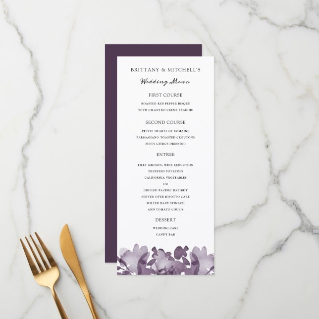 Menu Casamento Ametist Floral de Aquarela (Frente/Verso In Situ)