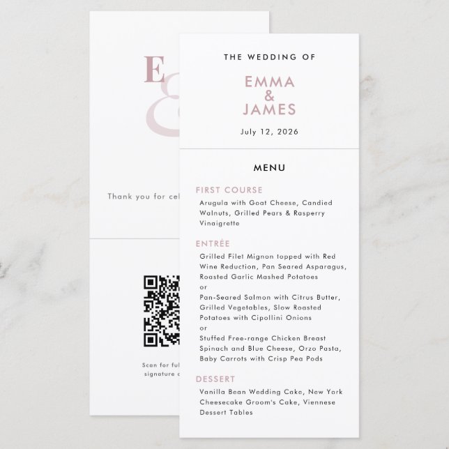 Menu Casamento Ampersand Malva | Código QR | Elegante (Frente/Verso)