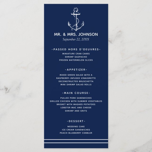 Menu Casamento ao Lado do Mar da Âncora Branca marinho (Frente)