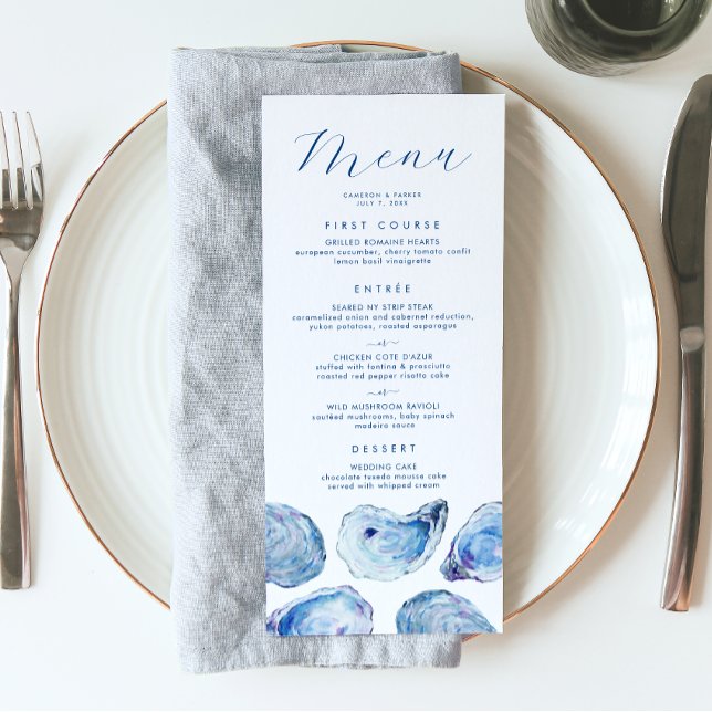 Menu Casamento Aquarela Azul Ostra (Oyster Wedding Menu with three meal options and Elegant blue watercolor oyster shell illustrations)