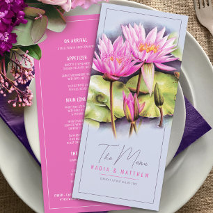 Menu Casamento aquarela azul rosa lírio de água