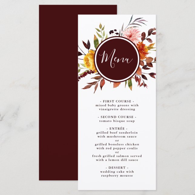 Menu Casamento Aquarela Jardim de Outono Borgonha (Frente/Verso)