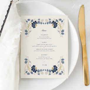 Menu Casamento Art Nouveau Azul Marinho Dourado Floral