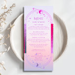 Menu Casamento Astronômico da Lua Solar Rosa-Rosa Místi<br><div class="desc">Sun Moon, Rosa Sol Mística Mística Estrelas Astronomy Celestial Galaxy Cosmic Wedding Cards apresentam um sol rosa e roxo, lua e estrelas em um fundo solar de praia pastel com seus detalhes cardápios no centro em moderno roteiro de caligrafia roxa. Personalize editando o texto nas caixas de texto fornecidas. Projetado...</div>