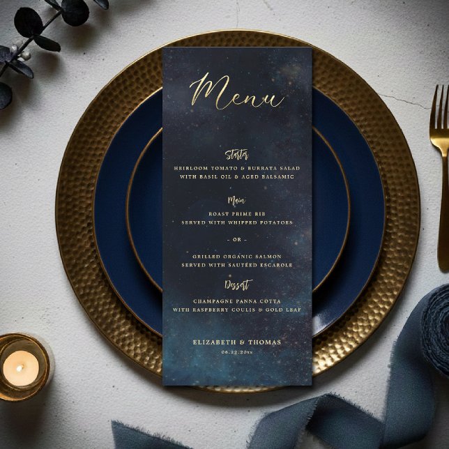 Menu Casamento Azul Celestial Galáxia Noite Estrelada (celestial galaxy wedding menu watercolor moody navy blue starry night written in the stars)