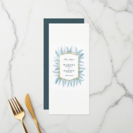 Menu Casamento azul com cor azul de folhagem verde-esve