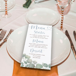 Menu Casamento Azul com Folhagem de Eucalipto Rústico
