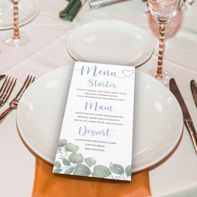 Menu Casamento Azul com Folhagem de Eucalipto Rústico (Criador carregado)