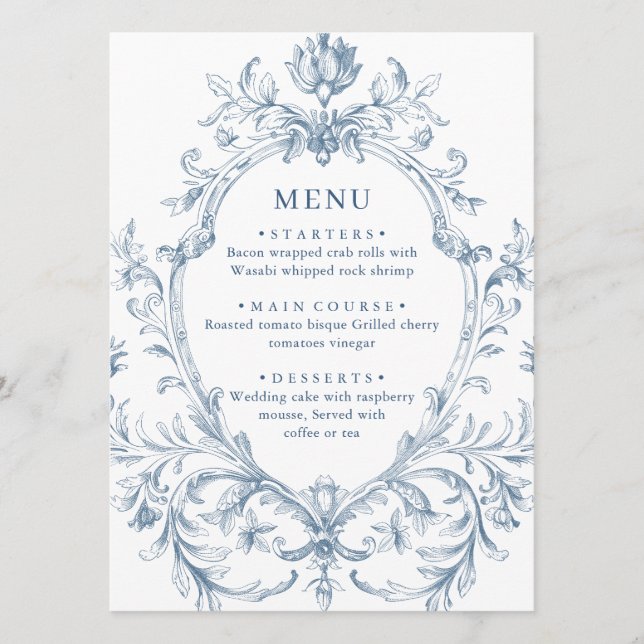 Menu Casamento Azul com Grace Floral Dusty, Ornamentado (Frente)
