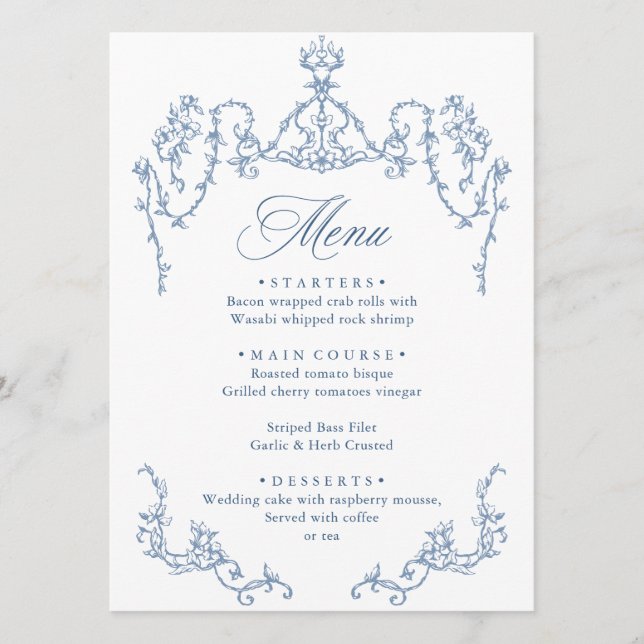 Menu Casamento Azul com Grace Floral Dusty, Ornamentado (Frente)