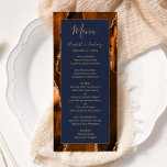 Menu Casamento Azul com Marinho de Agata Laranja Dourad<br><div class="desc">Este elegante e moderno menu de casamento mostra uma cor-de-água queimada,  cor de laranja,  e o fundo cortado com brilho dourado. O texto aparece em letras elegantes douradas coloridas e fontes em cores em um retângulo azul escuro de marinho. O design de ágata é repetido no reverso.</div>