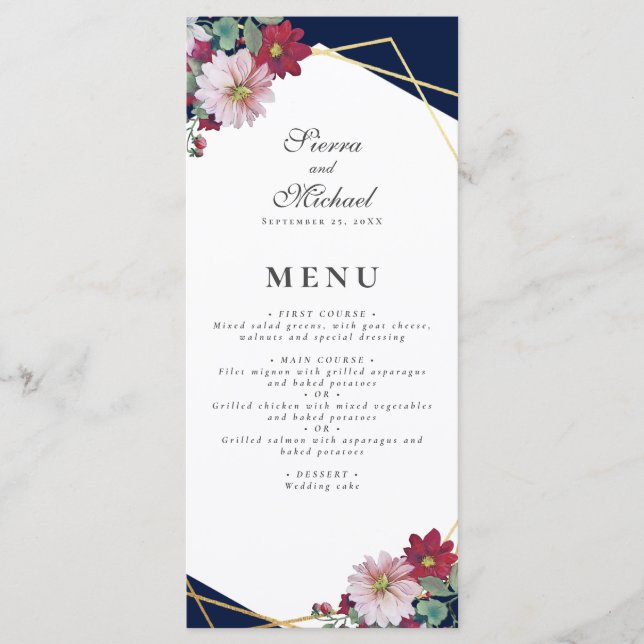 Menu Casamento Azul com Marinho Dourado Floral Rosa Esb (Frente)