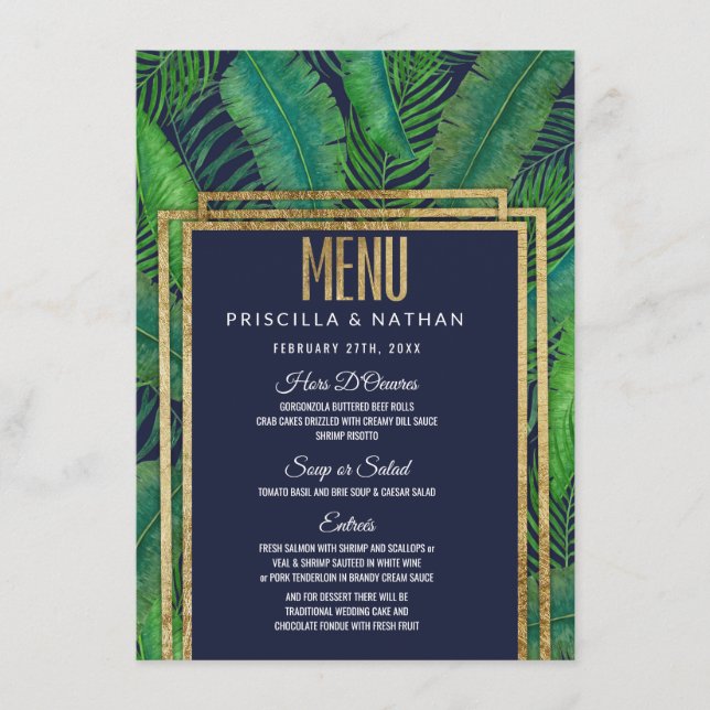 Menu Casamento Azul com Marinho Dourado verde-palmeira  (Frente)