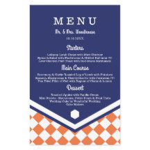 Menu Casamento Azul com Padrão Verificado Laranja