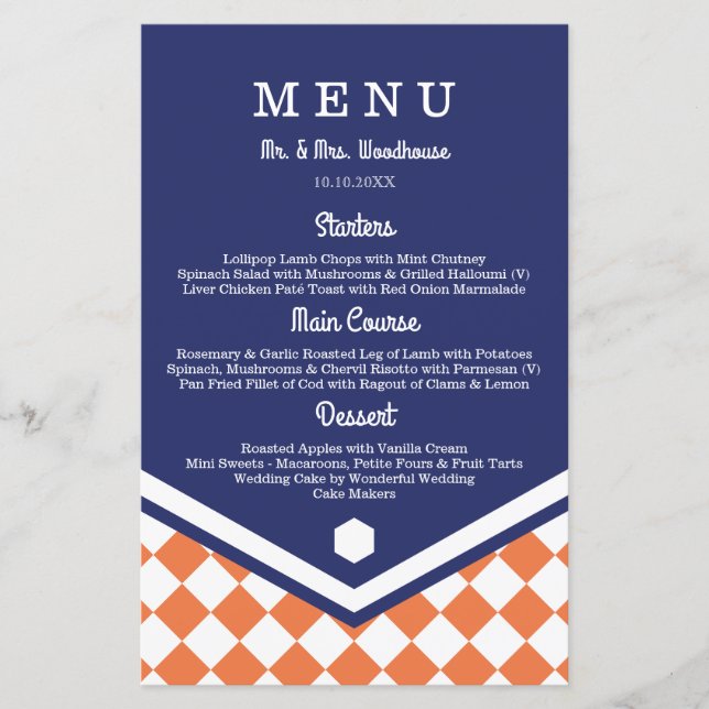 Menu Casamento Azul com Padrão Verificado Laranja (Frente)
