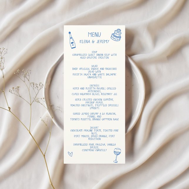 Menu Casamento Azul De Desenho Escrito À Mão (Blue Scribble Wedding Menu )