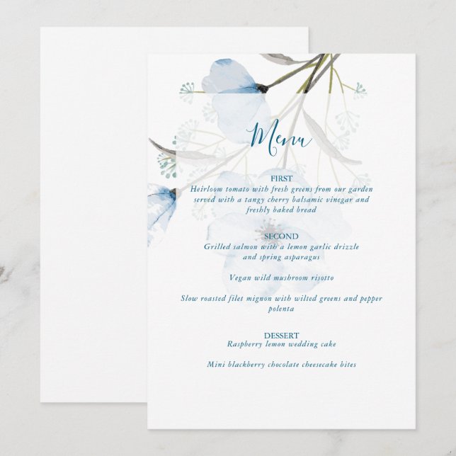 Menu Casamento Azul de Dusty Chic Elegante Moderno (Frente/Verso)