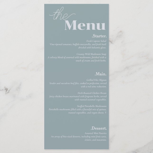 Menu Casamento Azul de Flair Dusty, Elegance e Moderno (Verso)