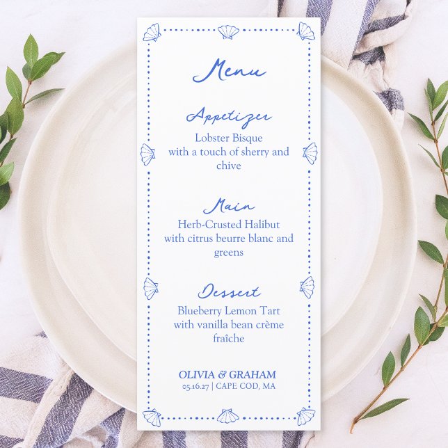 Menu Casamento Azul de Seashell Desenhado à Mão Costeir (Criador carregado)