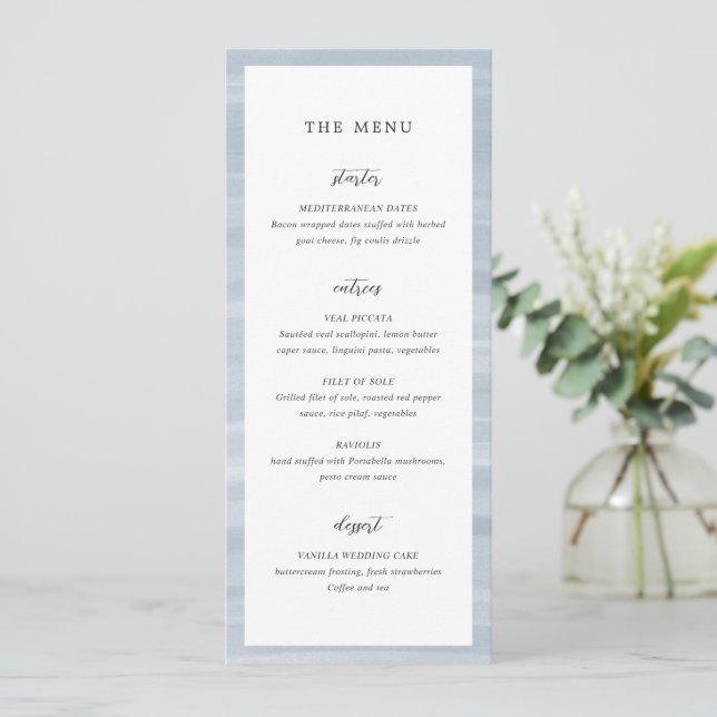 Menu Casamento Azul Desbotado Elegante Chic Costeiro (Em pé/Frente)