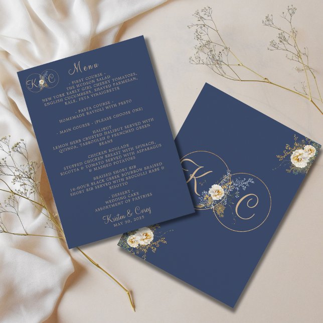 Menu Casamento Azul do Marinho do Monograma Dourado Ele (Criador carregado)
