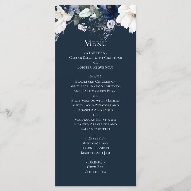Menu Casamento Azul do Marinho Elegante Moderno (Frente)