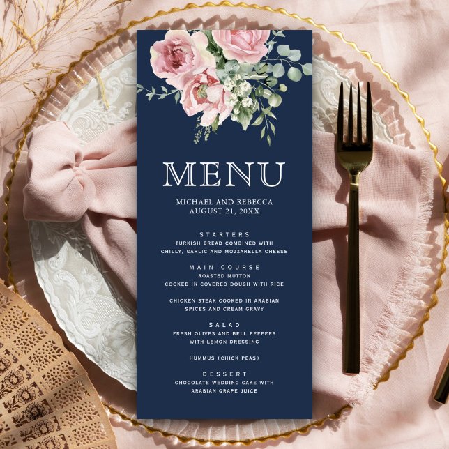 Menu Casamento Azul do Marinho Eucalyptus Floral Cor-de (Criador carregado)
