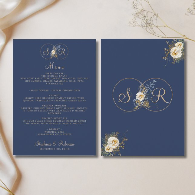 Menu Casamento Azul do Marinho Floral Dourado Elegante (Criador carregado)
