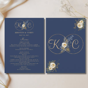 Menu Casamento Azul do Marinho Monograma Dourado Elegan