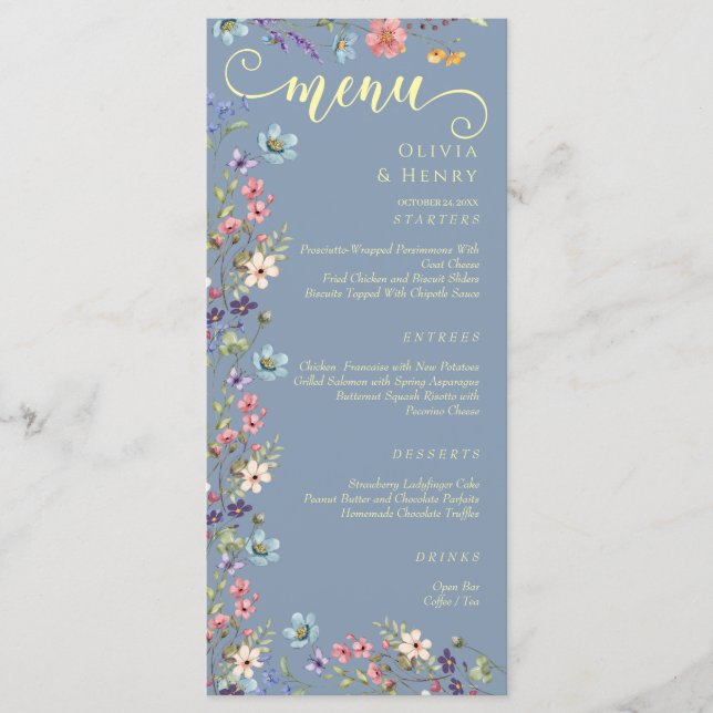 Menu Casamento Azul Dusty de Flores Selvagens Modernas  (Frente)