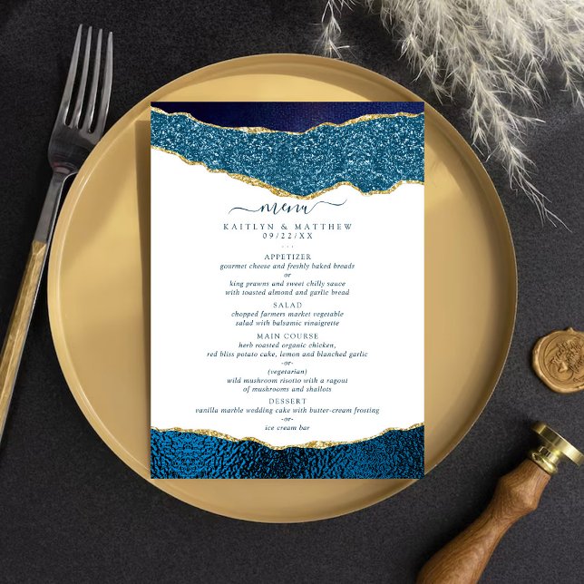 Menu Casamento Azul e Agato Dourado do Marinho Elegante (Criador carregado)