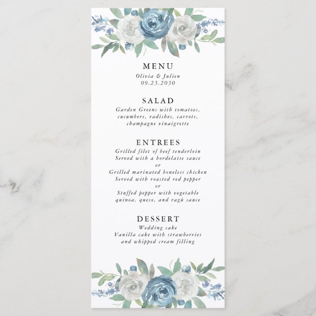 Menu Casamento Azul e Branco Dusty (Frente)