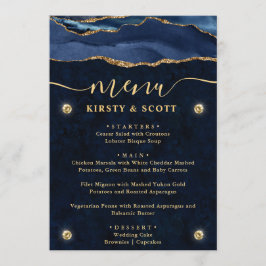 Menu Casamento Azul e Dourado Elegante com Ágata Falsa