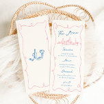 Menu Casamento Azul e Rosa Desenhado À Mão Branca<br><div class="desc">Este design adorável apresenta elementos desenhados à mão e um texto ousado e caprichoso.</div>