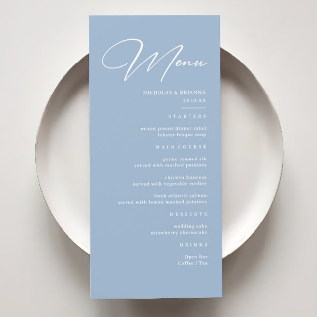 Menu Casamento Azul Elegante de Caligrafia (Criador carregado)